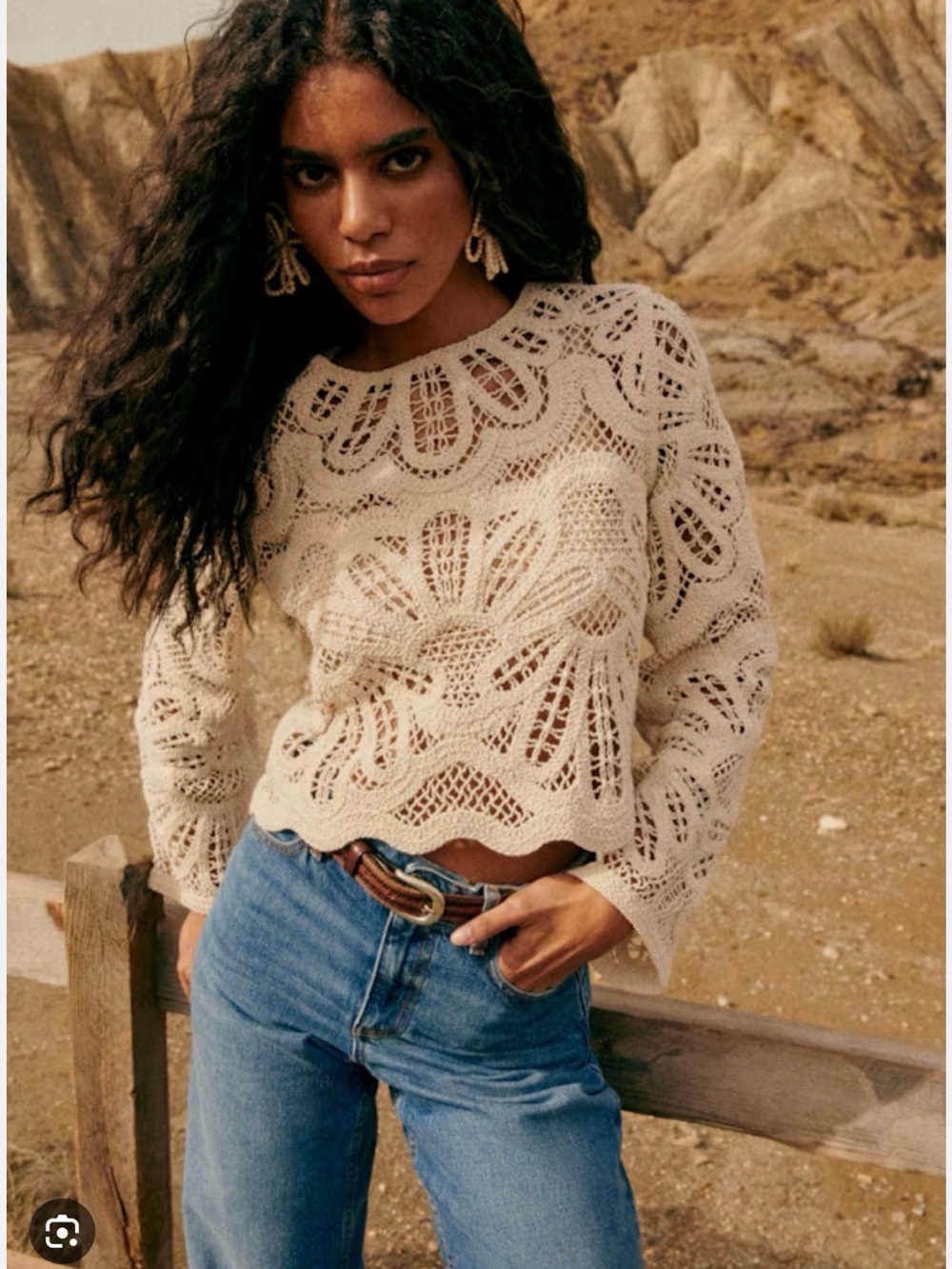 New Sezane Olie Guipure Lace Crochet Knit Ecru Top Medium NWT - Picture 1 of 5